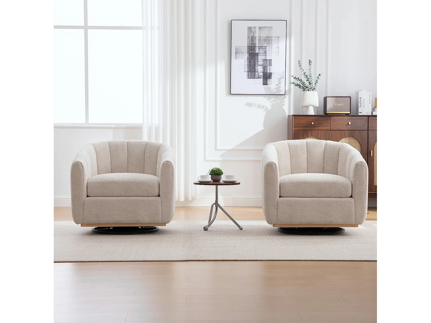 Fauteuil pivotant 360° en chenille beige avec base en métal - Forme de citrouille