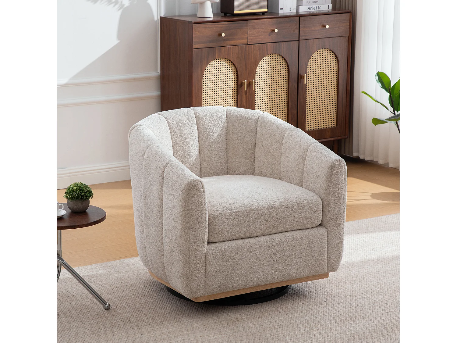 Fauteuil pivotant 360° en chenille beige avec base en métal - Forme de citrouille