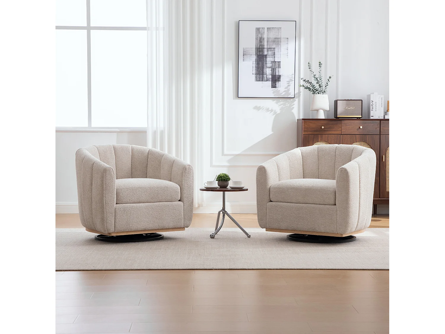 Fauteuil pivotant 360° en chenille beige avec base en métal - Forme de citrouille