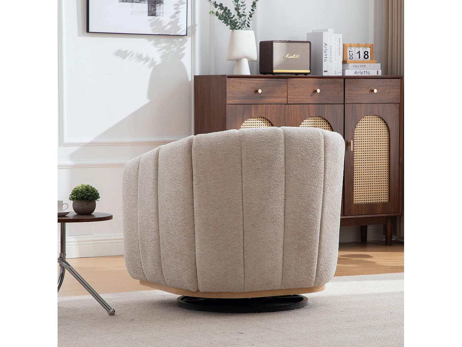 Fauteuil pivotant 360° en chenille beige avec base en métal - Forme de citrouille