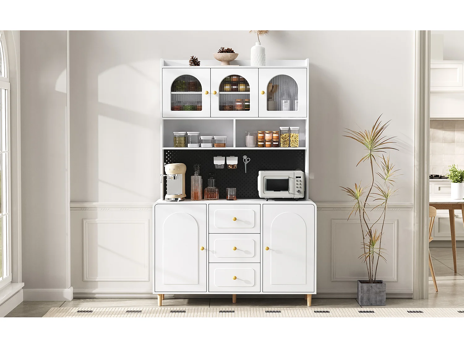 Buffet de cuisine 120x40x190 cm blanc avec étagères, 3 tiroirs et 5 portes