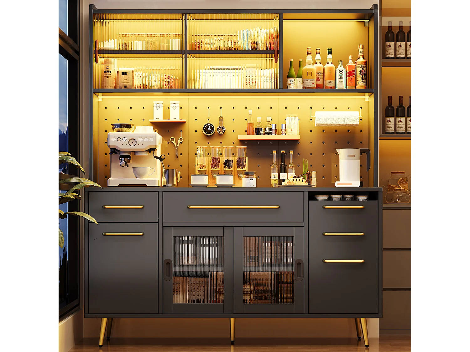 Buffet de cuisine avec LED, 3 tiroirs et portes verres coulissantes - Noir 145 x 39 x171 cm