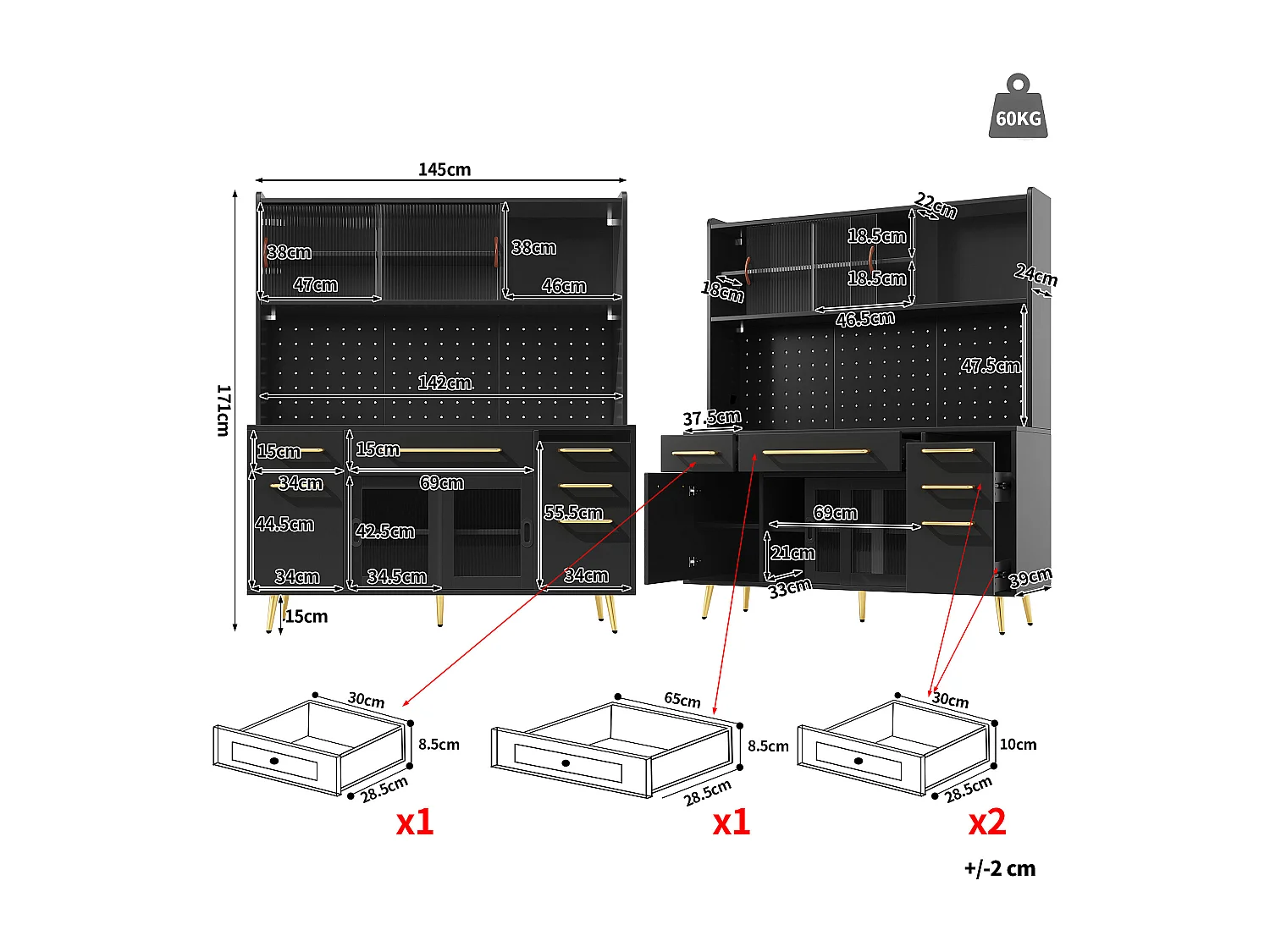 Buffet de cuisine avec LED, 3 tiroirs et portes verres coulissantes - Noir 145 x 39 x171 cm