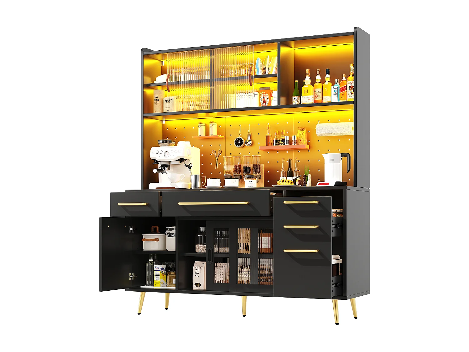 Buffet de cuisine avec LED, 3 tiroirs et portes verres coulissantes - Noir 145 x 39 x171 cm