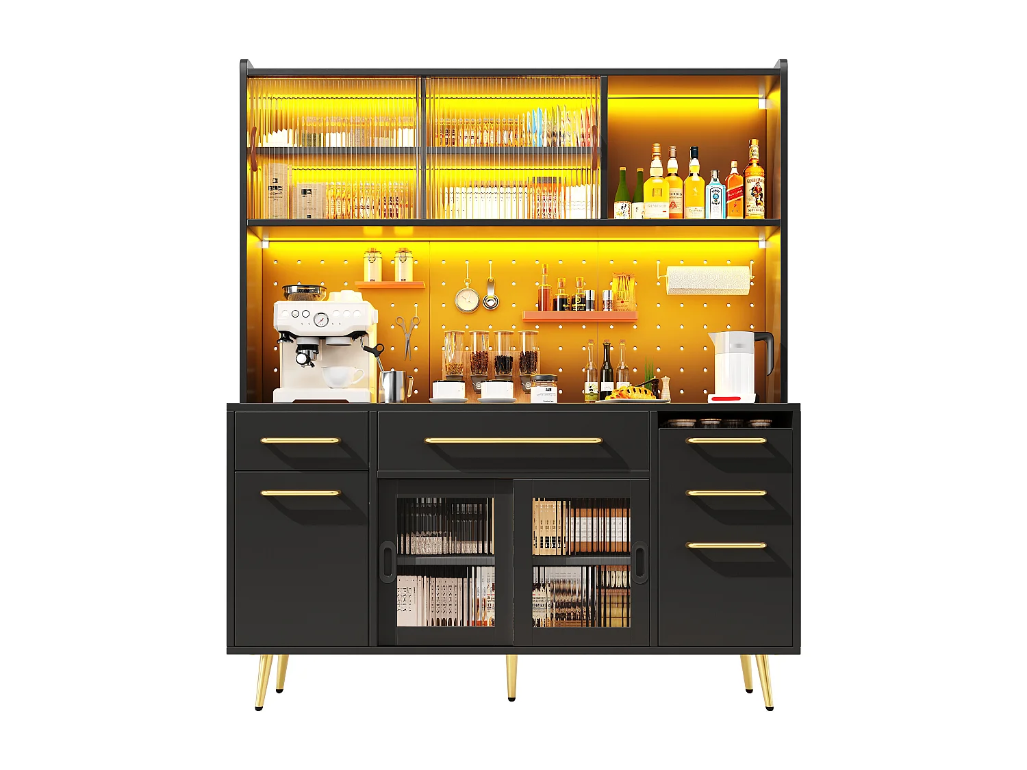 Buffet de cuisine avec LED, 3 tiroirs et portes verres coulissantes - Noir 145 x 39 x171 cm