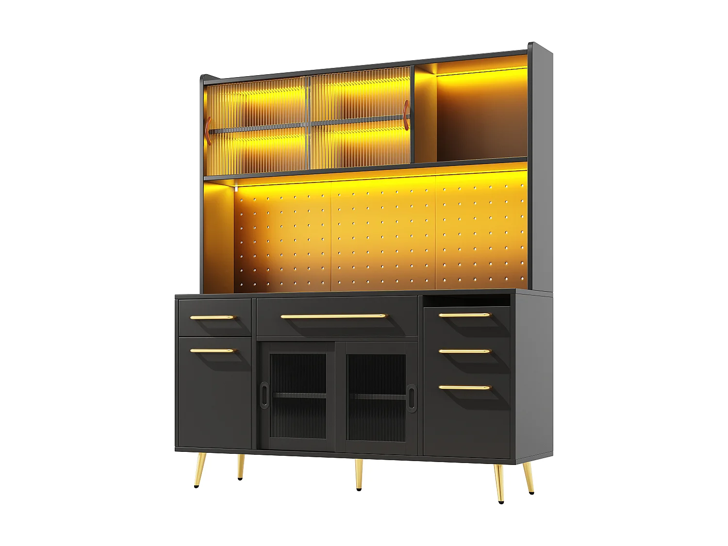 Buffet de cuisine avec LED, 3 tiroirs et portes verres coulissantes - Noir 145 x 39 x171 cm