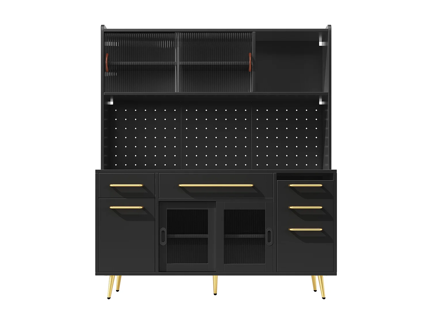 Buffet de cuisine avec LED, 3 tiroirs et portes verres coulissantes - Noir 145 x 39 x171 cm
