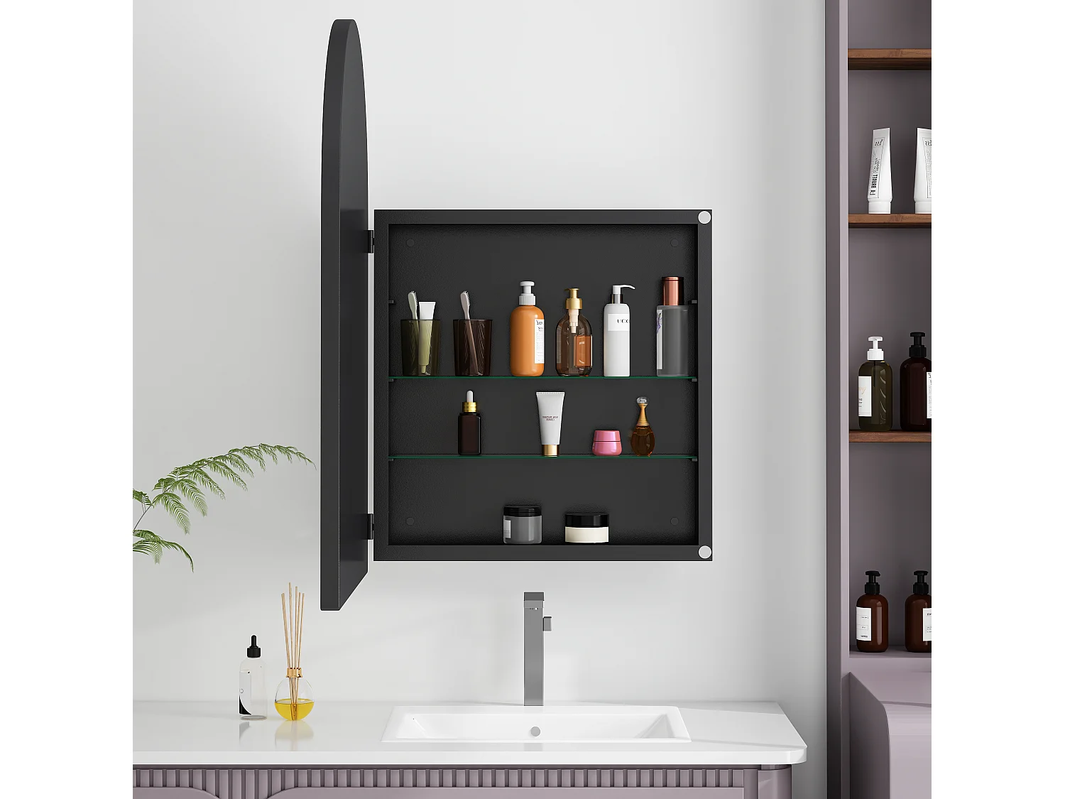 Miroir arquée avec rangement caché - Cadre en métal - Noir