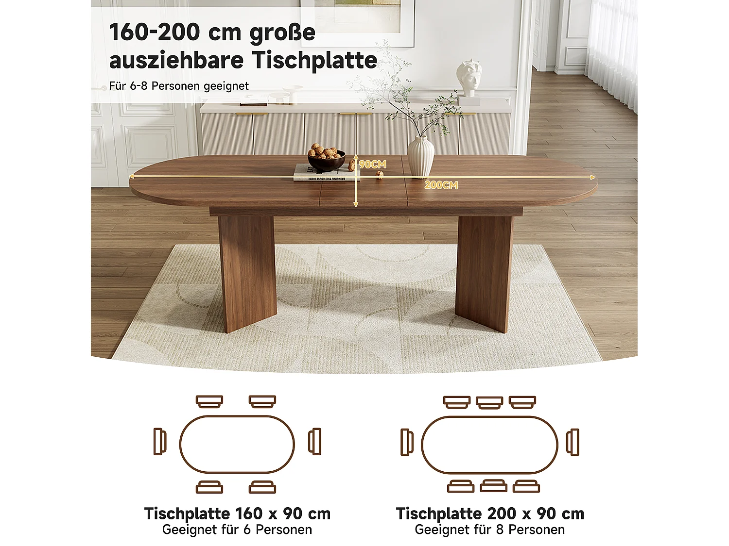 Table extensible 160/200 x 90 cm pour 6 à 8 personnes - Coins arrondis - Couleur noyer
