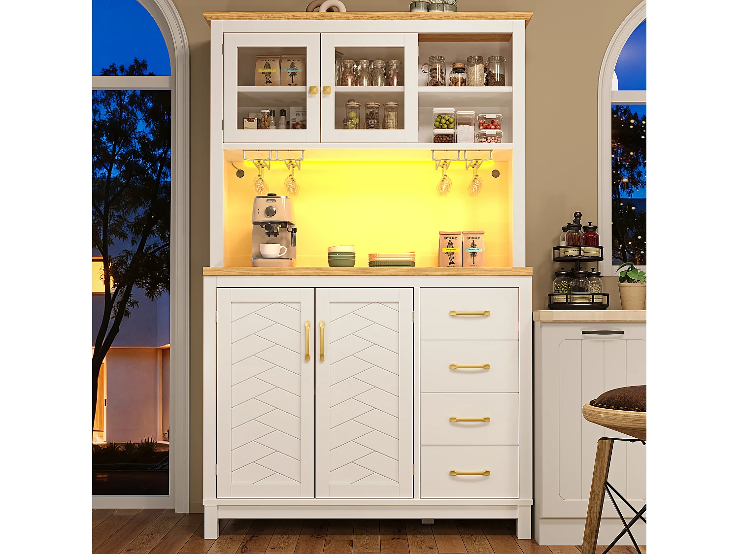 Buffet de cuisine 105,5 x 40 x 180 cm avec 4 portes, LED et porte-gobelets - Blanc