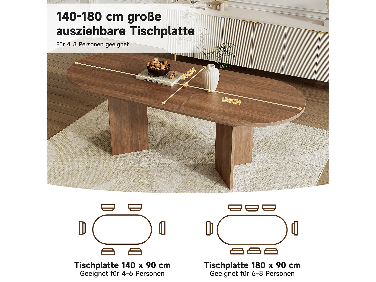 Table à manger extensible 140/180x90 cm pour 4 à 8 personnes - Couleur noyer