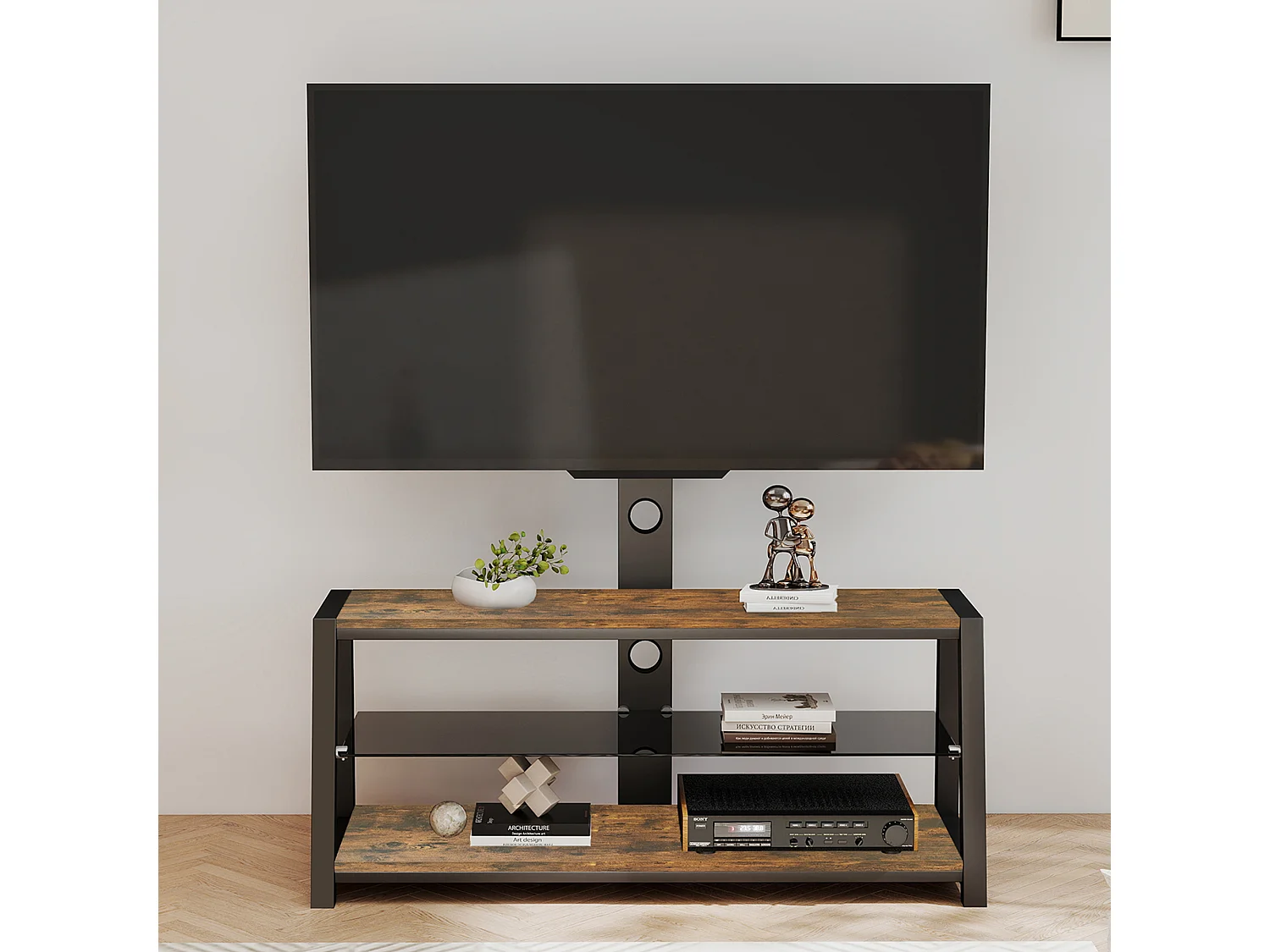 Houten tv-standaard met verstelbare hoogte - Bruin en zwart