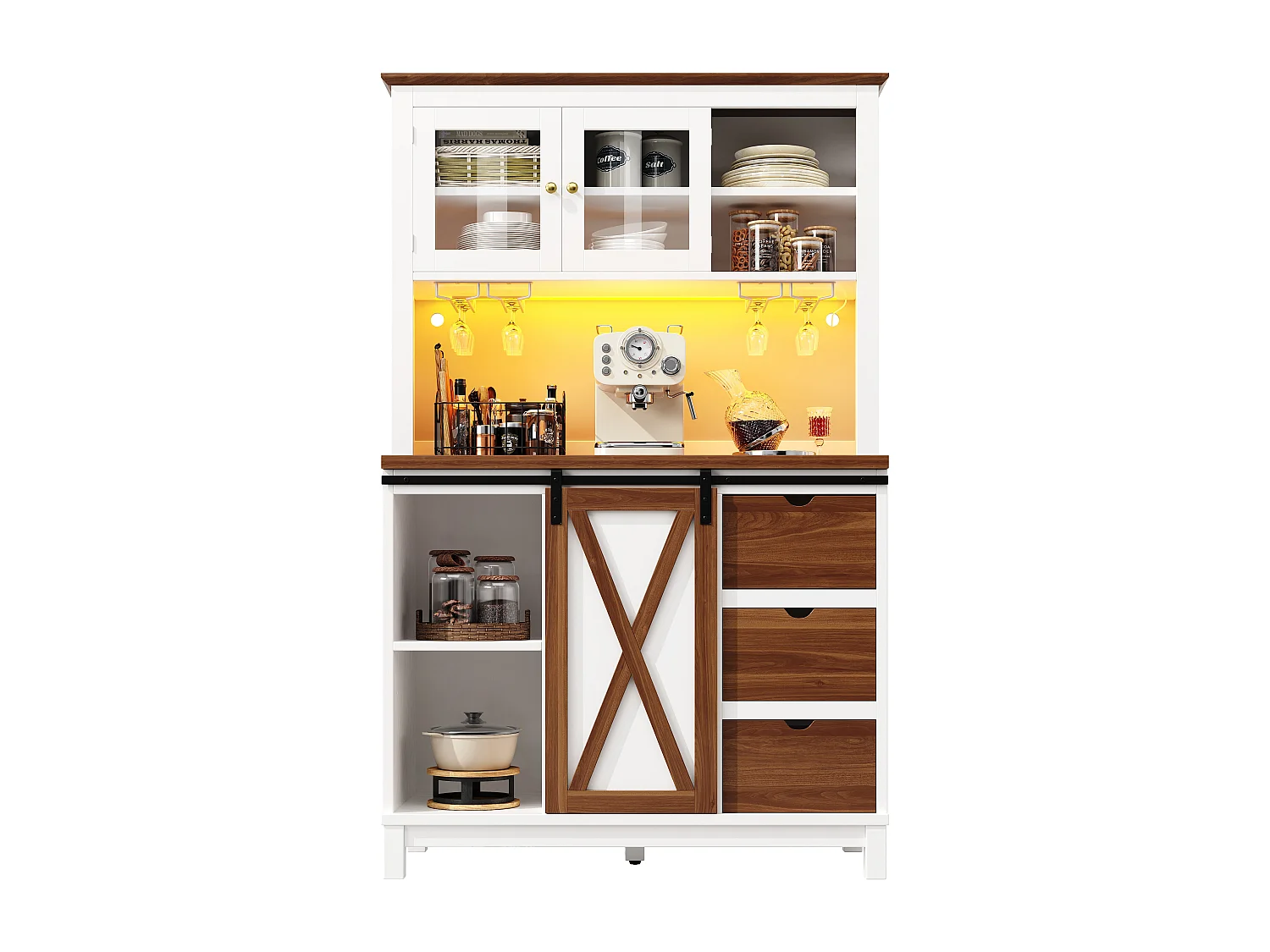Buffet de cuisine LED 104x40x180 cm avec 3 tiroirs et 3 portes - Blanc et bois foncé