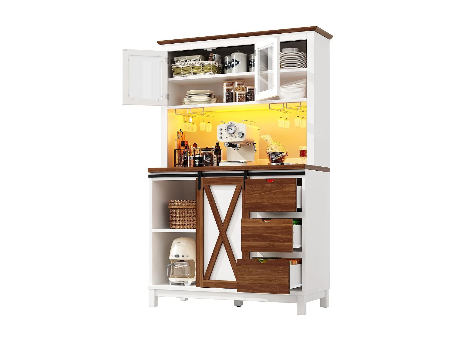 Buffet de cuisine LED 104x40x180 cm avec 3 tiroirs et 3 portes - Blanc et bois foncé