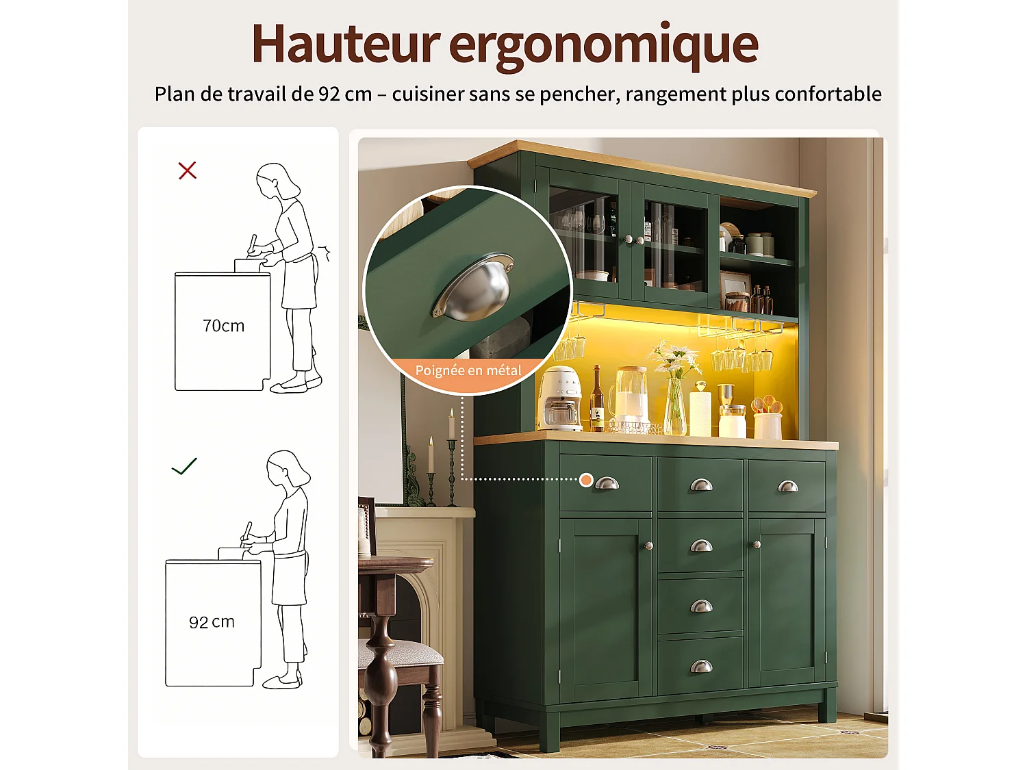 Buffet de cuisine 104 x 40 x 180 cm avec 4 portes, LED et 6 tiroirs - Vert