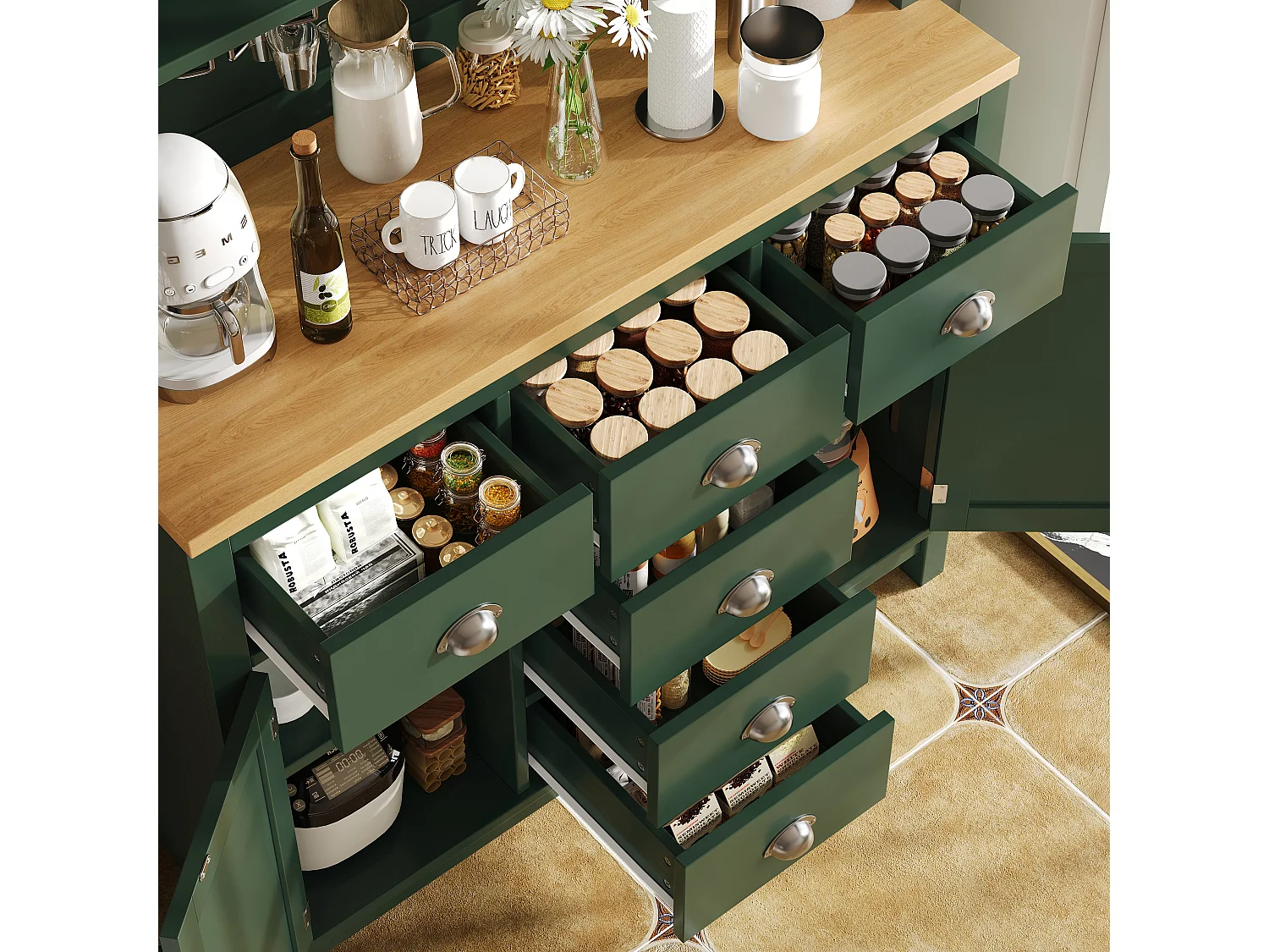 Buffet de cuisine 104 x 40 x 180 cm avec 4 portes, LED et 6 tiroirs - Vert
