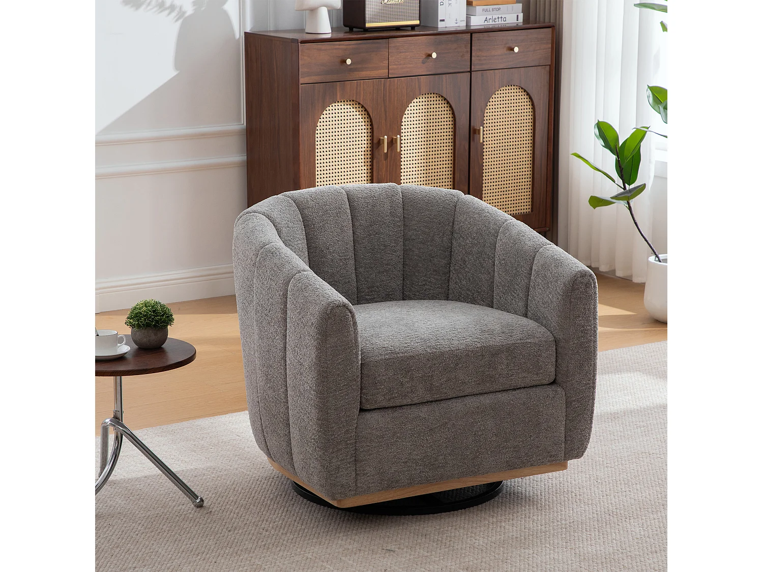 360° draaibare stoel in grijze chenille met metalen onderstel - Pompoenvormig