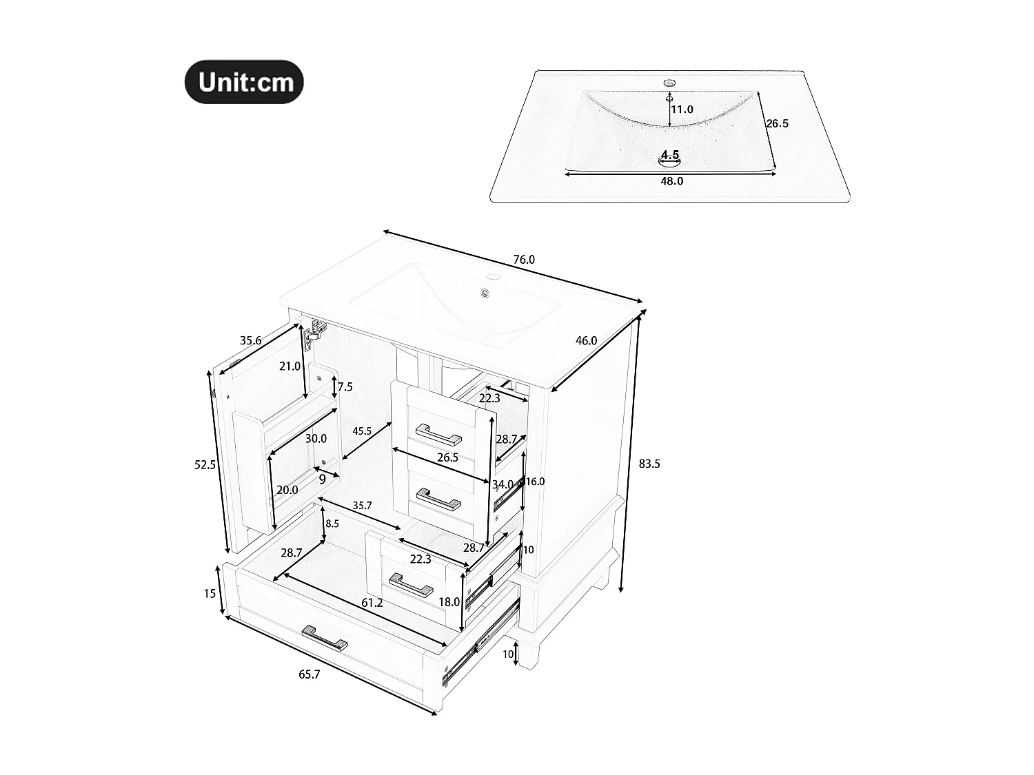 Meuble sous-lavabo avec 3 tiroirs et lavabo céramique noir 76x46x83.5 cm