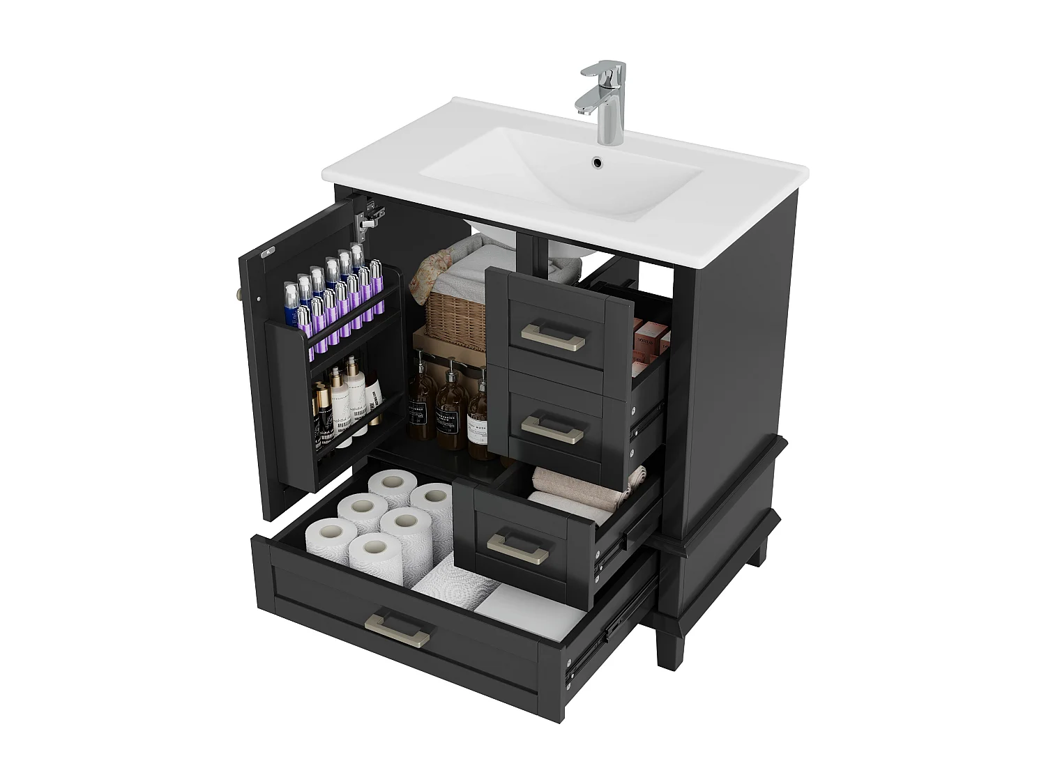 Meuble sous-lavabo avec 3 tiroirs et lavabo céramique noir 76x46x83.5 cm