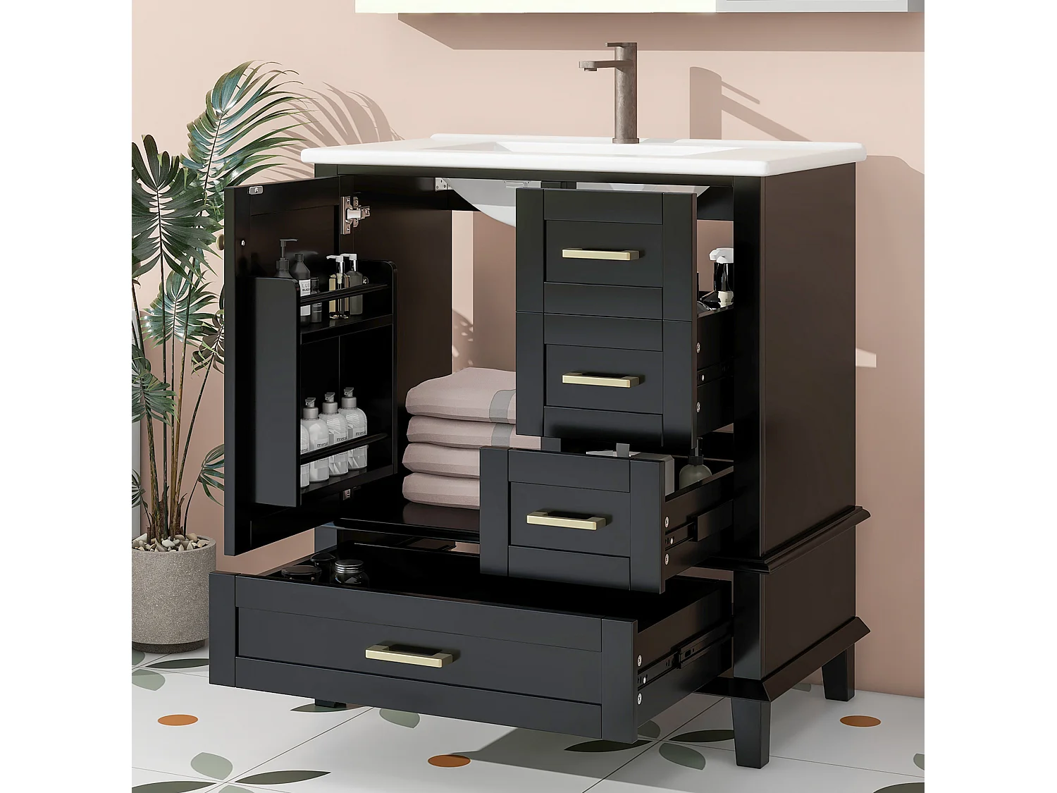 Meuble sous-lavabo avec 3 tiroirs et lavabo céramique noir 76x46x83.5 cm