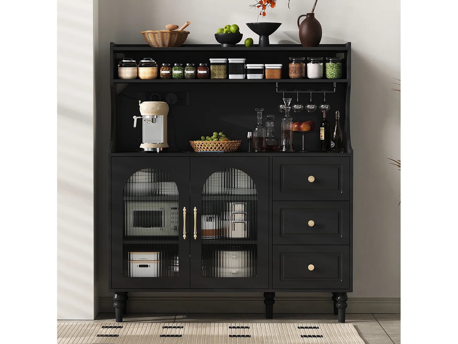 Buffet de cuisine avec 3 tiroirs, 2 portes en verre et ports USB/Type-C - Noir