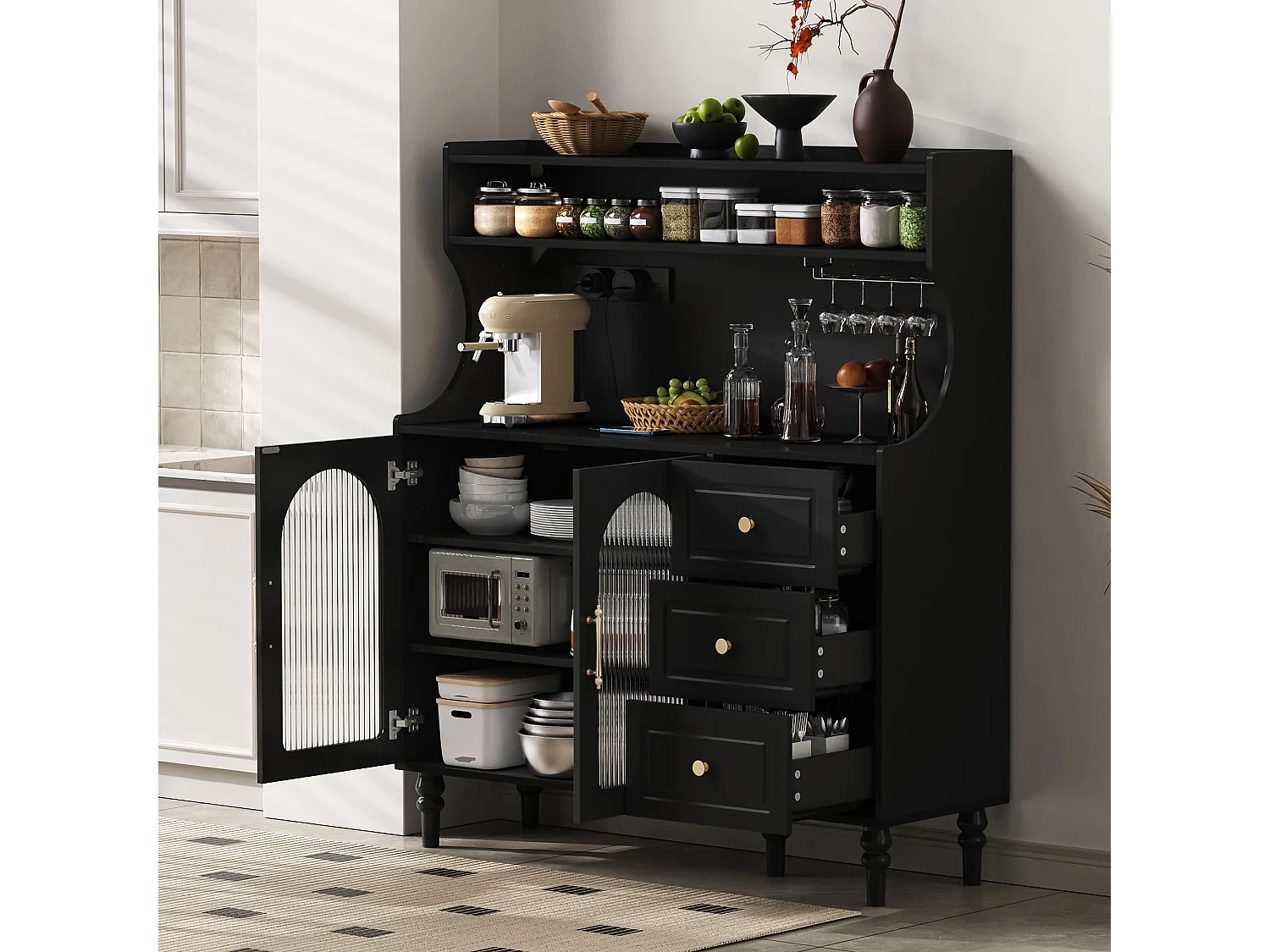 Buffet de cuisine avec 3 tiroirs, 2 portes en verre et ports USB/Type-C - Noir