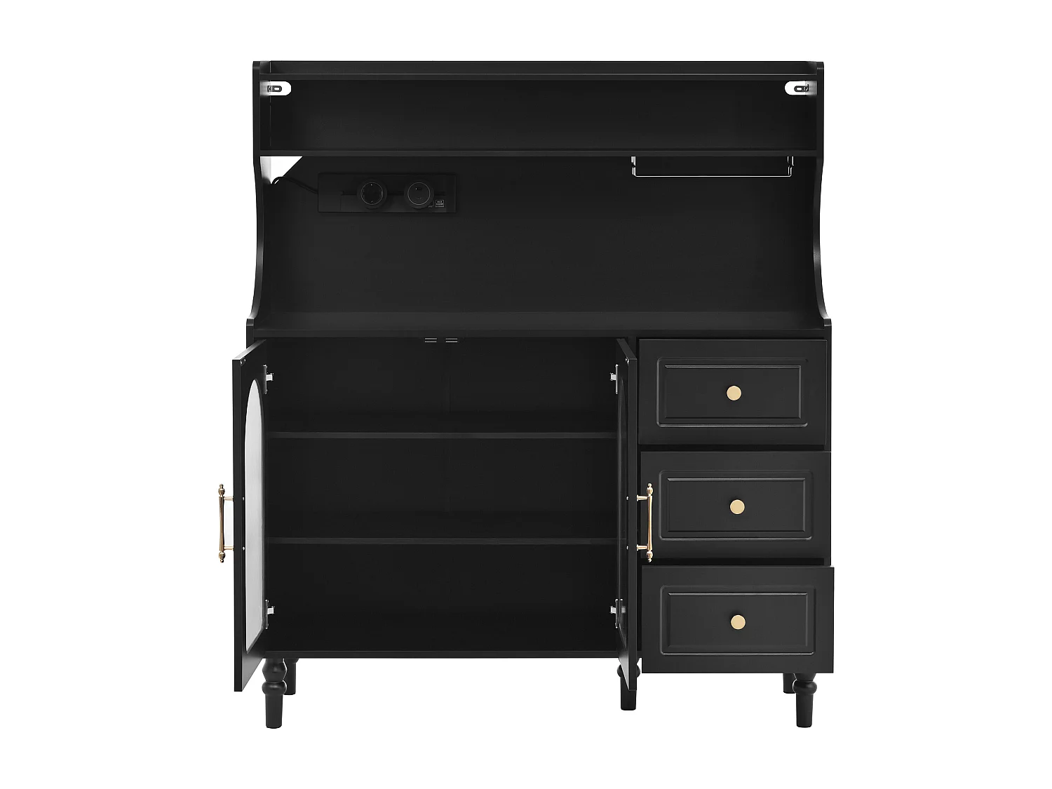 Buffet de cuisine avec 3 tiroirs, 2 portes en verre et ports USB/Type-C - Noir