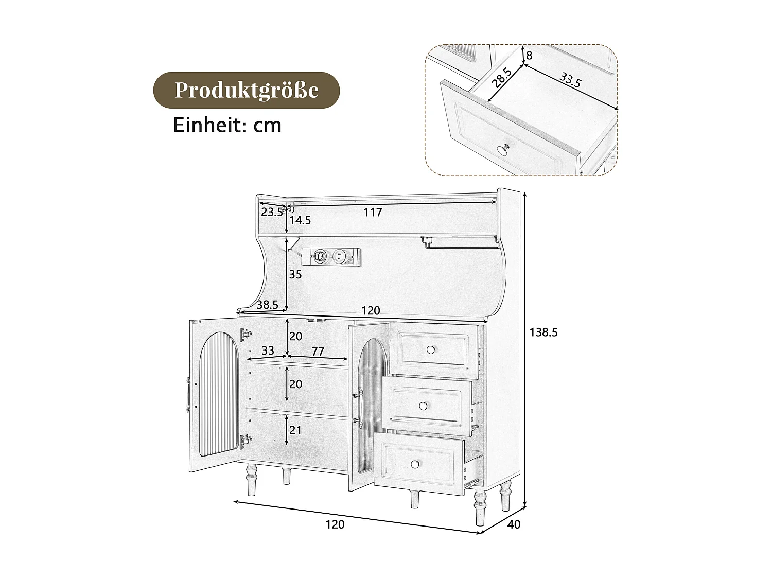 Buffet de cuisine avec 3 tiroirs, 2 portes en verre et ports USB/Type-C - Noir