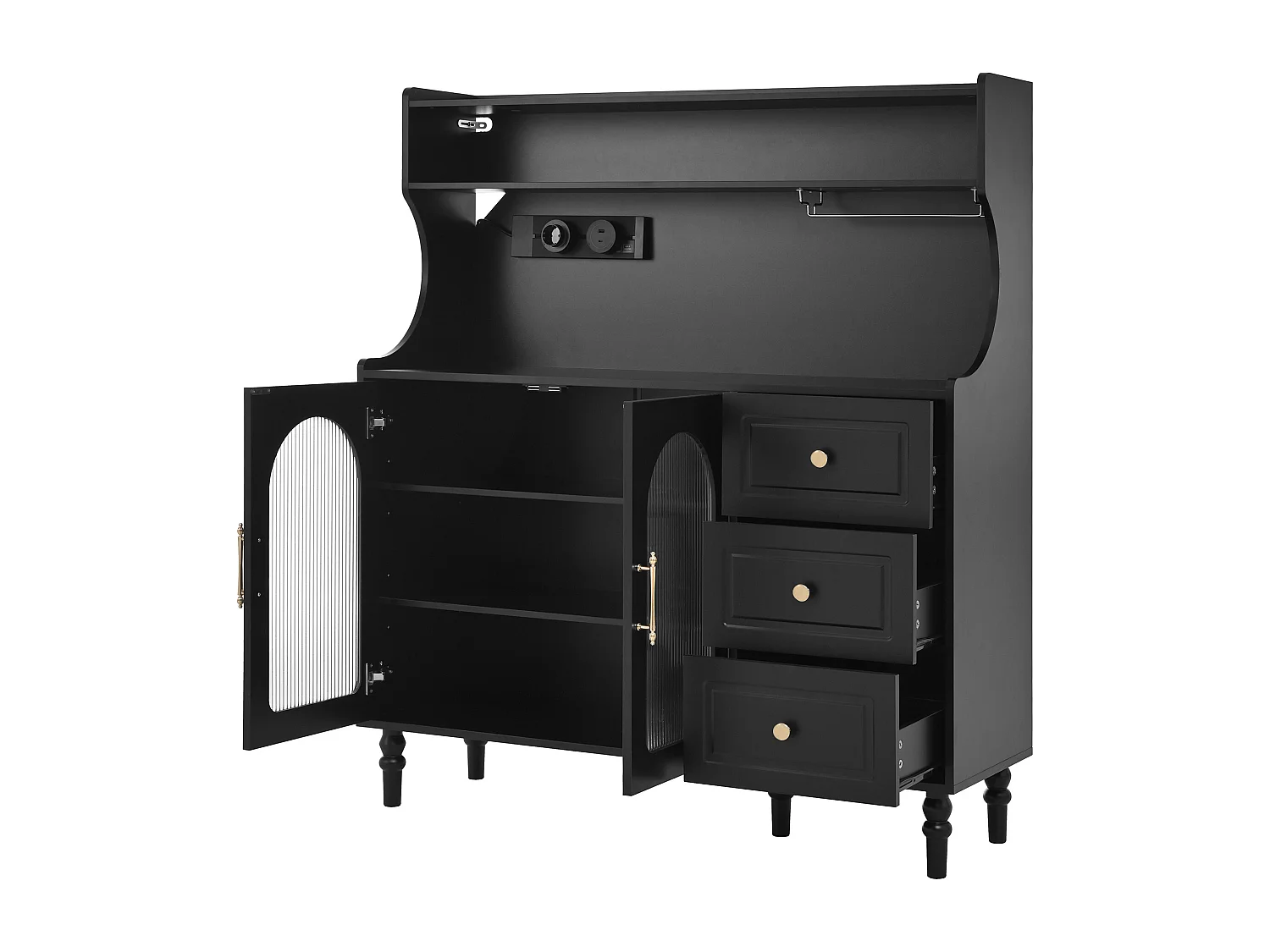 Buffet de cuisine avec 3 tiroirs, 2 portes en verre et ports USB/Type-C - Noir