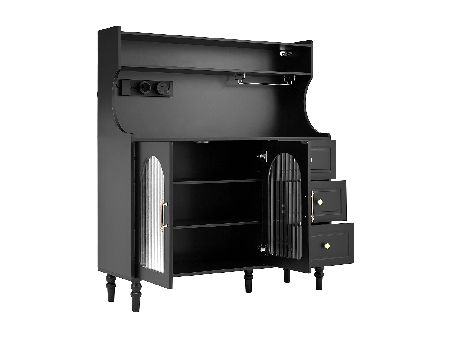 Buffet de cuisine avec 3 tiroirs, 2 portes en verre et ports USB/Type-C - Noir