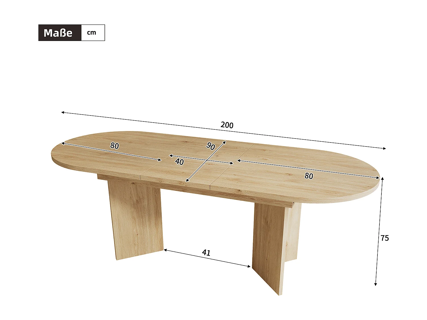Table extensible 160/200 x 90 cm pour 6 à 8 personnes - Coins arrondis - Naturel clair