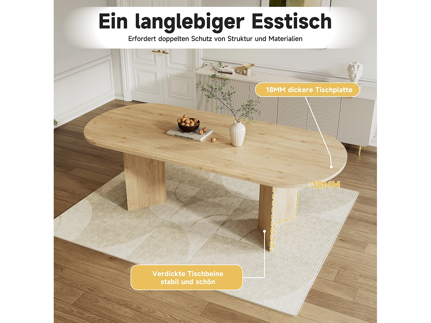 Table extensible 160/200 x 90 cm pour 6 à 8 personnes - Coins arrondis - Naturel clair