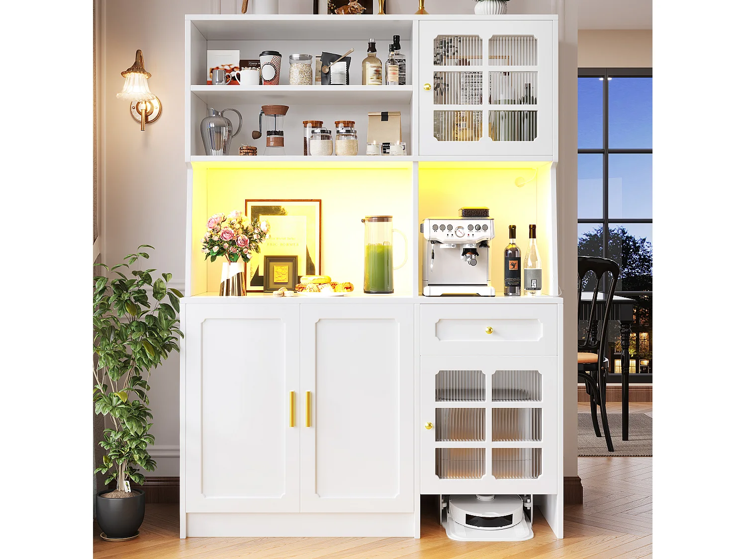 Buffet de cuisine 130 x 45 x 180 cm avec portes, tiroir et éclairage LED, blanc
