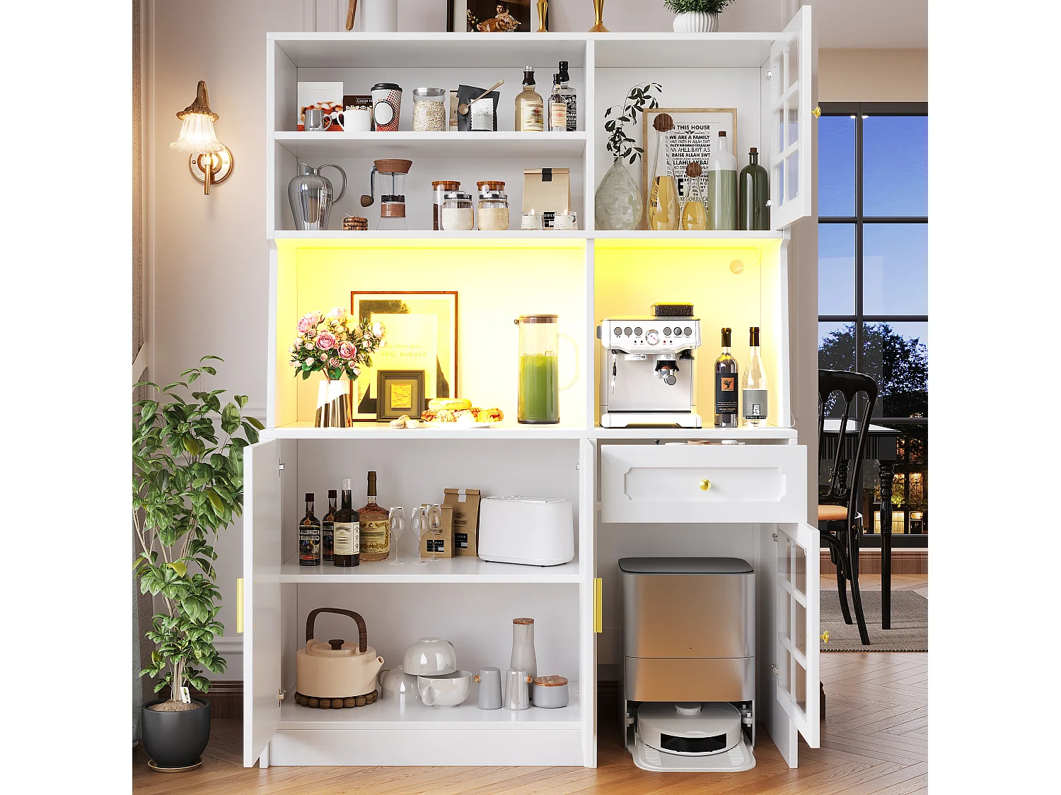 Buffet de cuisine 130 x 45 x 180 cm avec portes, tiroir et éclairage LED, blanc