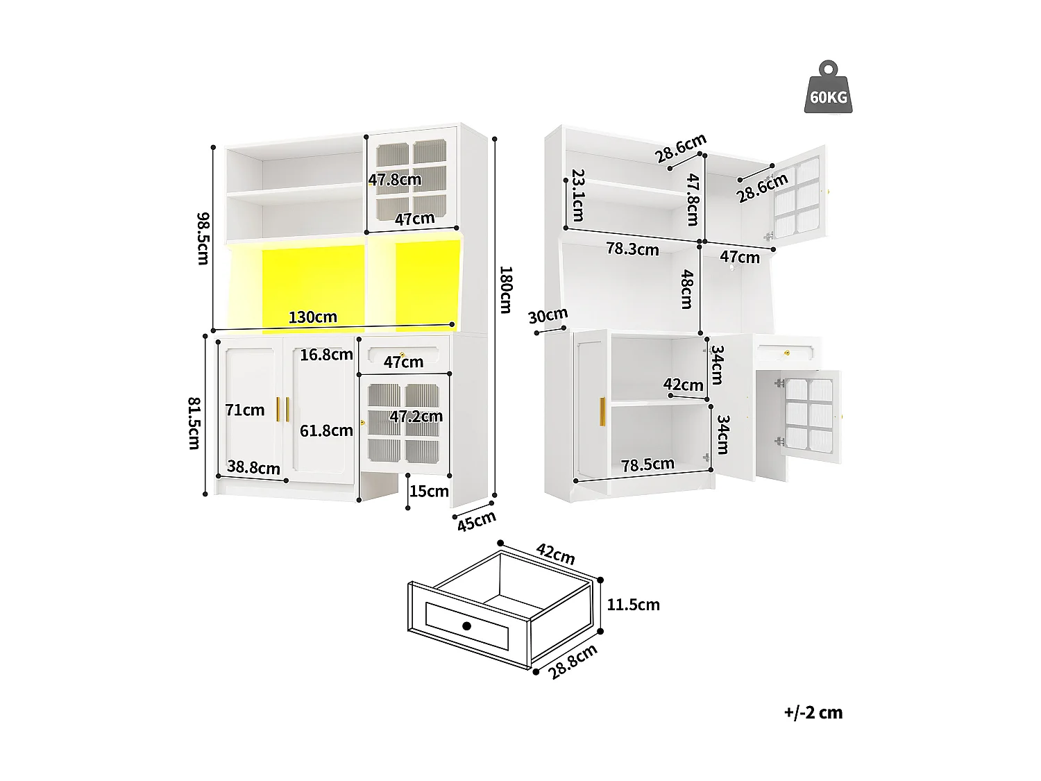 Buffet de cuisine 130 x 45 x 180 cm avec portes, tiroir et éclairage LED, blanc
