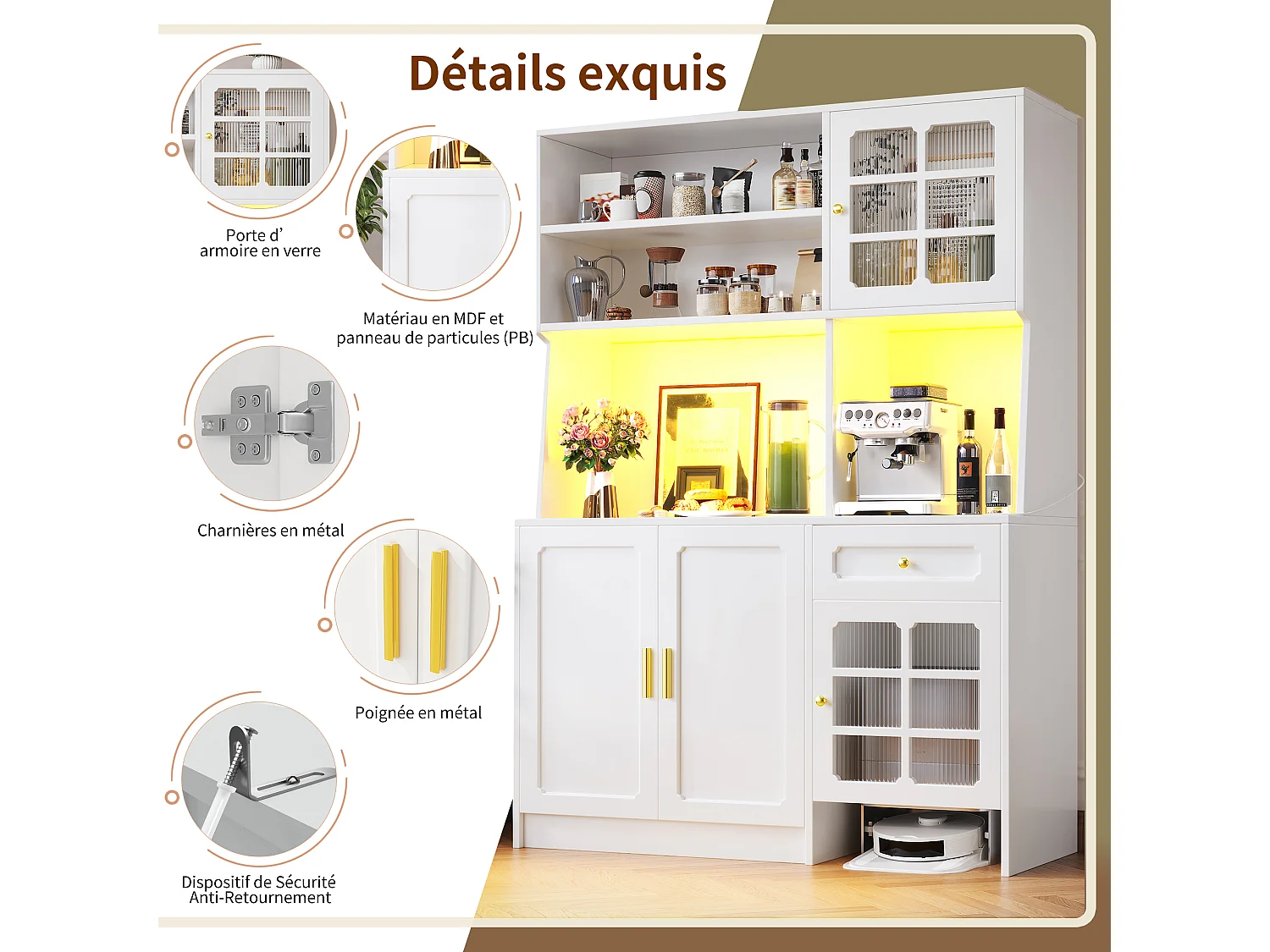 Buffet de cuisine 130 x 45 x 180 cm avec portes, tiroir et éclairage LED, blanc