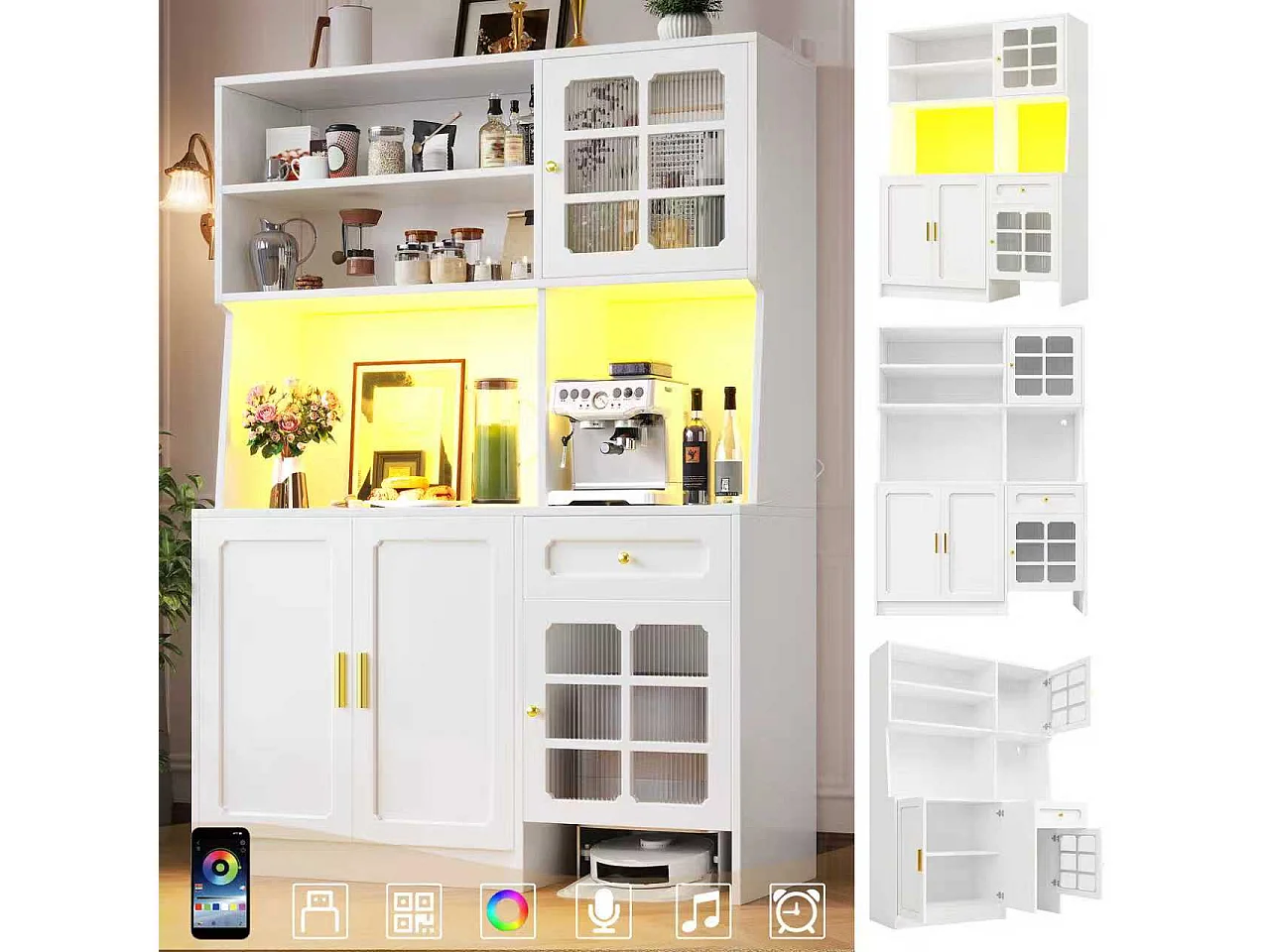 Buffet de cuisine 130 x 45 x 180 cm avec portes, tiroir et éclairage LED, blanc