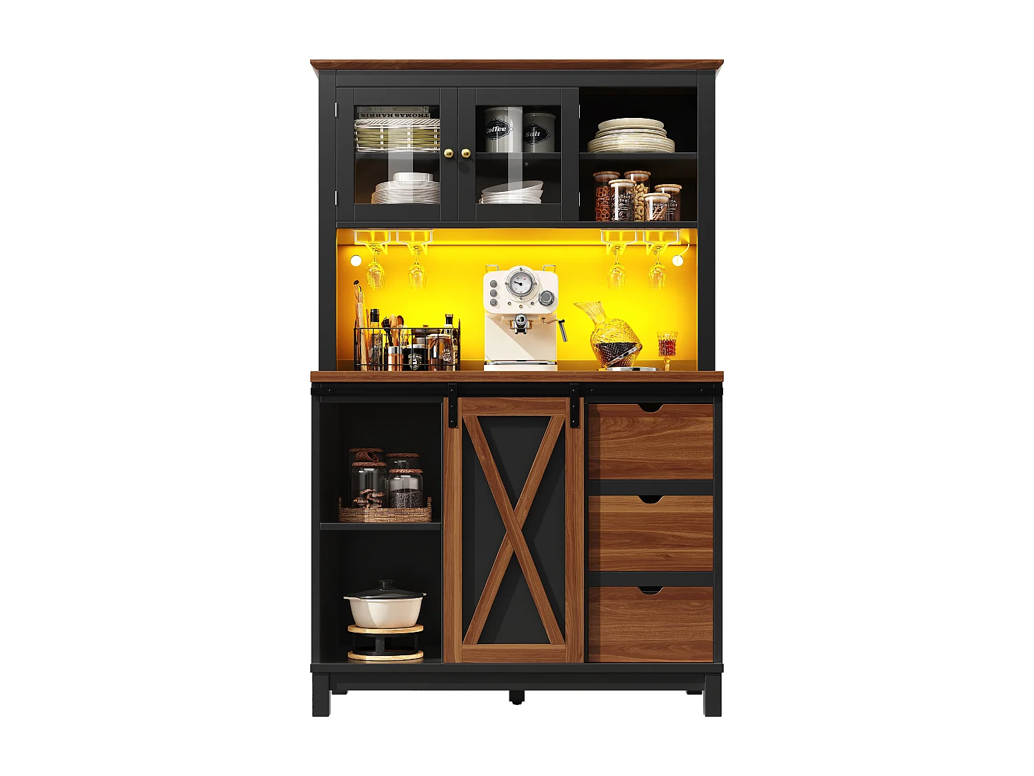 Buffet de cuisine LED 104x40x180 cm avec 3 tiroirs et 3 portes - Noir et bois foncé