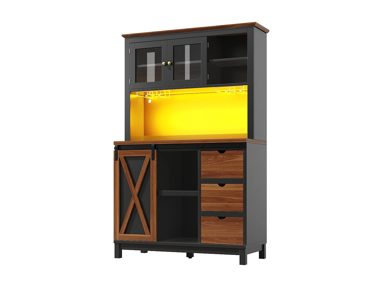 Buffet de cuisine LED 104x40x180 cm avec 3 tiroirs et 3 portes - Noir et bois foncé