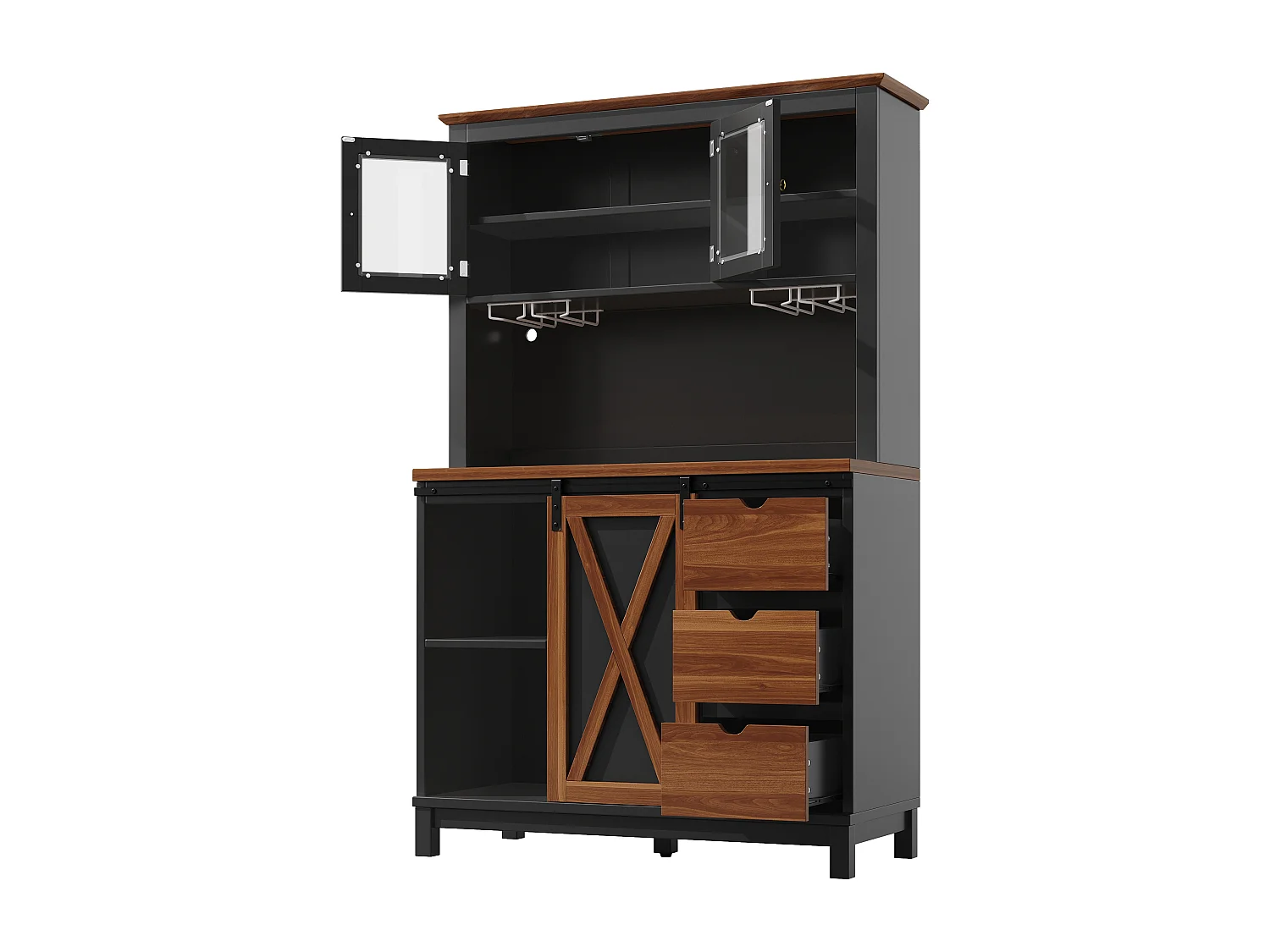 Buffet de cuisine LED 104x40x180 cm avec 3 tiroirs et 3 portes - Noir et bois foncé