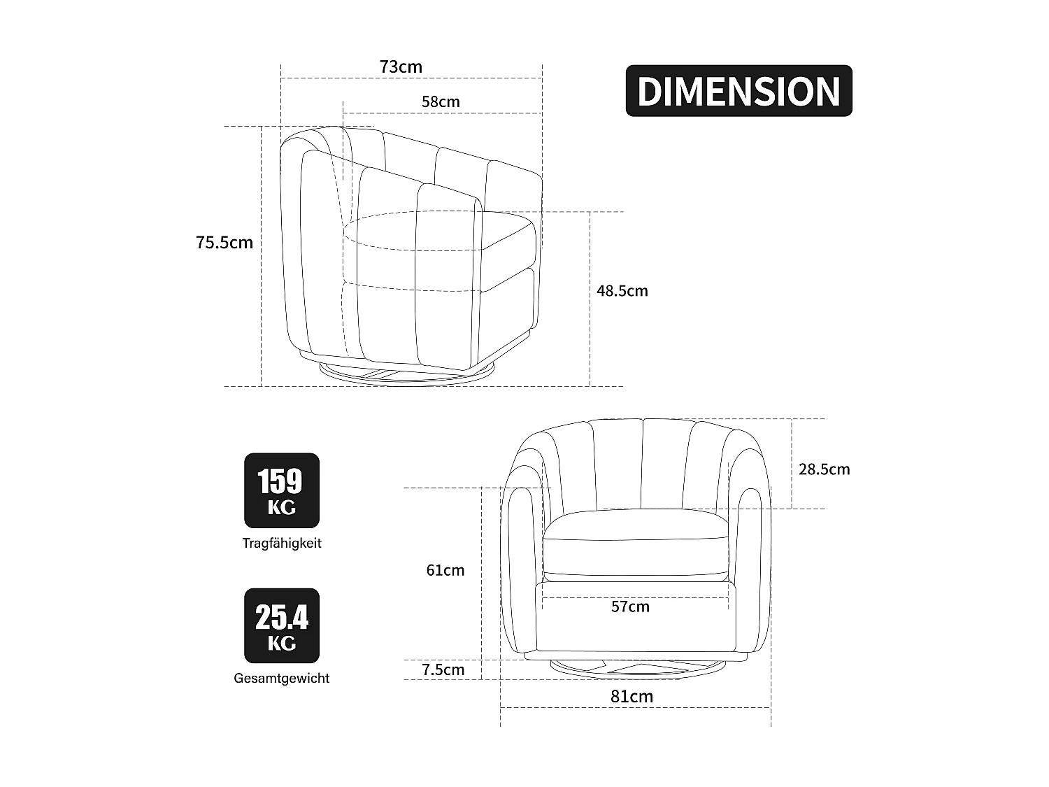 Silla giratoria de 360° en chenilla color marfil con base metálica - Forma de calabaza