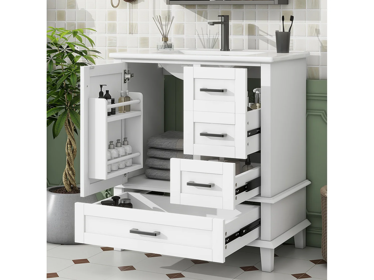 Mobile bagno con 3 cassetti e lavabo in ceramica bianca, 76x46x83,5 cm