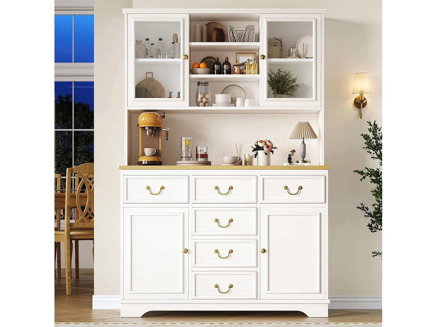 Buffet de cuisine haute avec prises électriques, LED et rangement , blanc