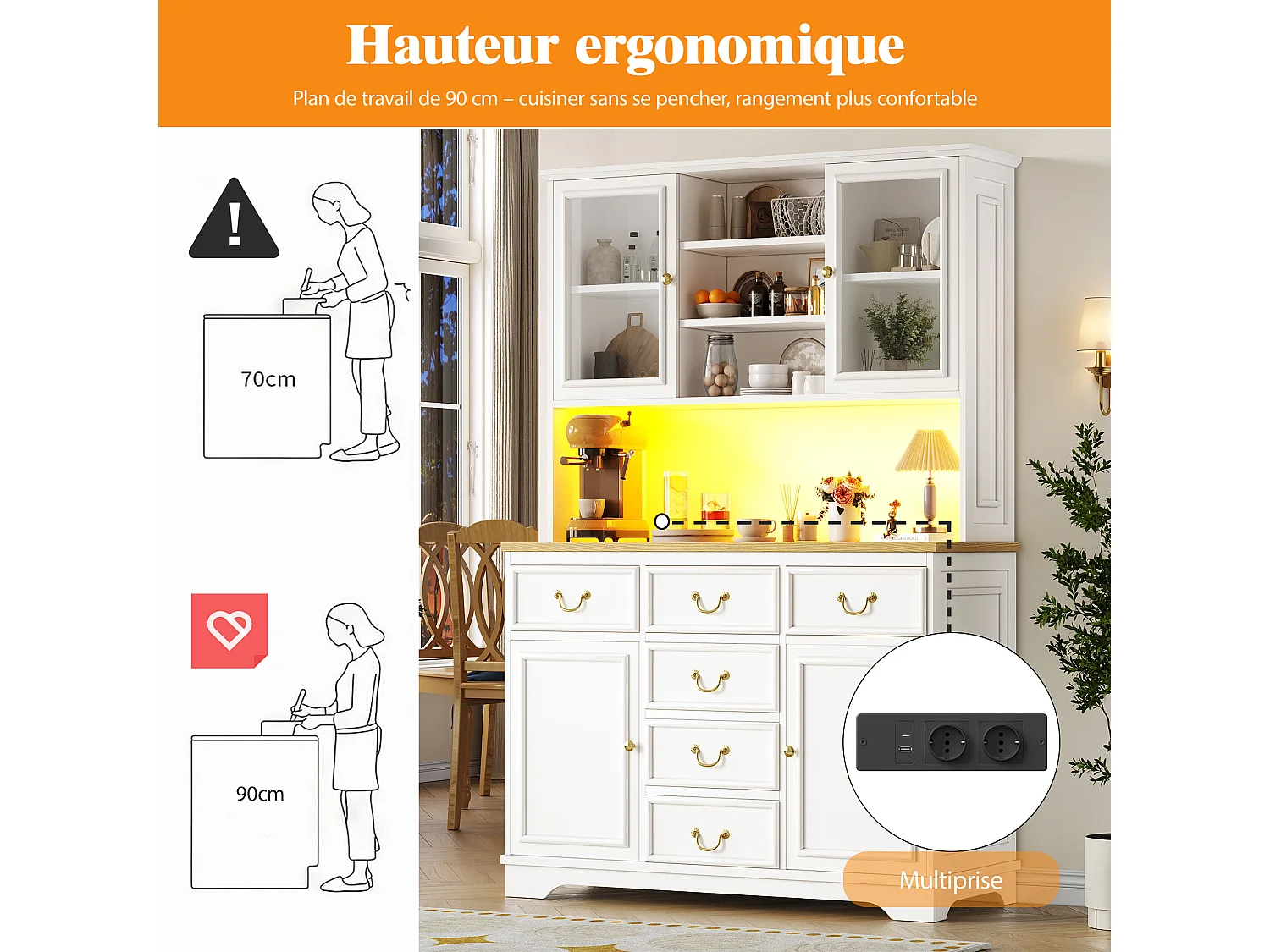 Buffet de cuisine haute avec prises électriques, LED et rangement , blanc