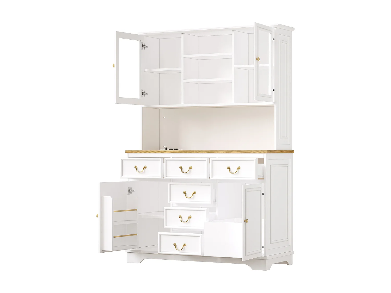 Buffet de cuisine haute avec prises électriques, LED et rangement , blanc