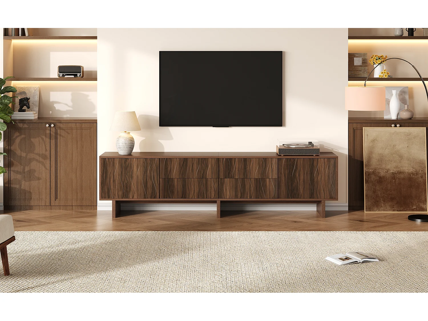 TV-meubel 180 x 40 x 56 cm met 4 lades en 2 deuren - Golvend design - Donker walnootkleur