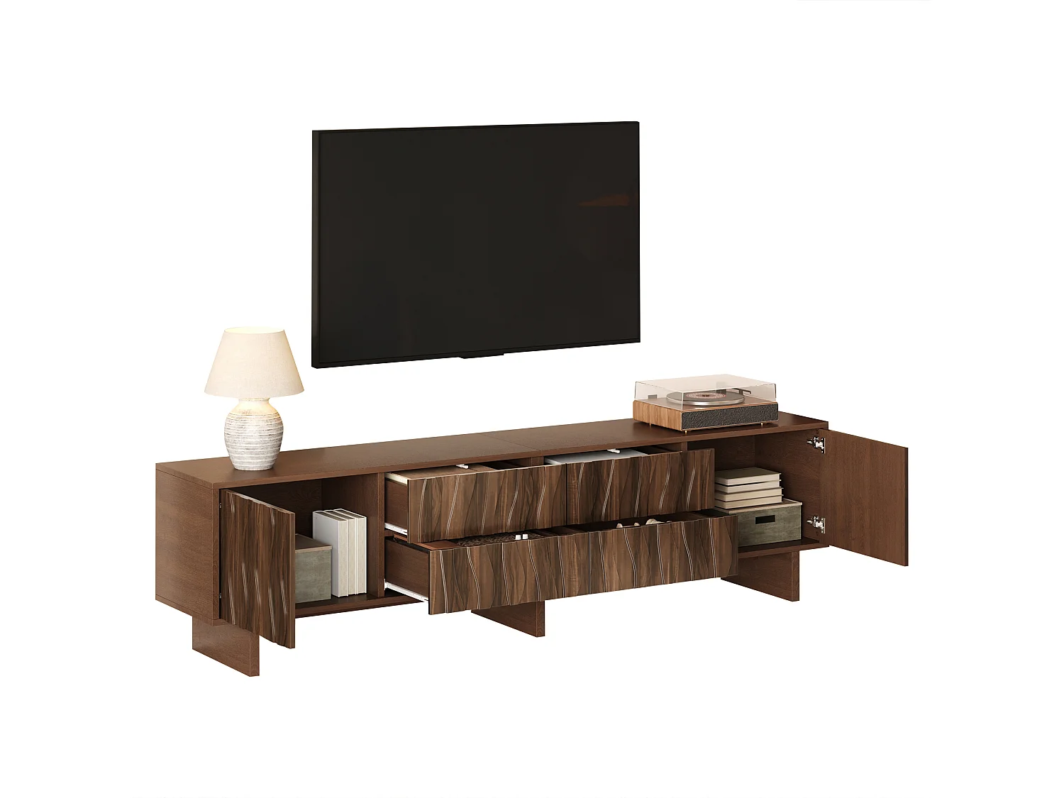 TV-meubel 180 x 40 x 56 cm met 4 lades en 2 deuren - Golvend design - Donker walnootkleur