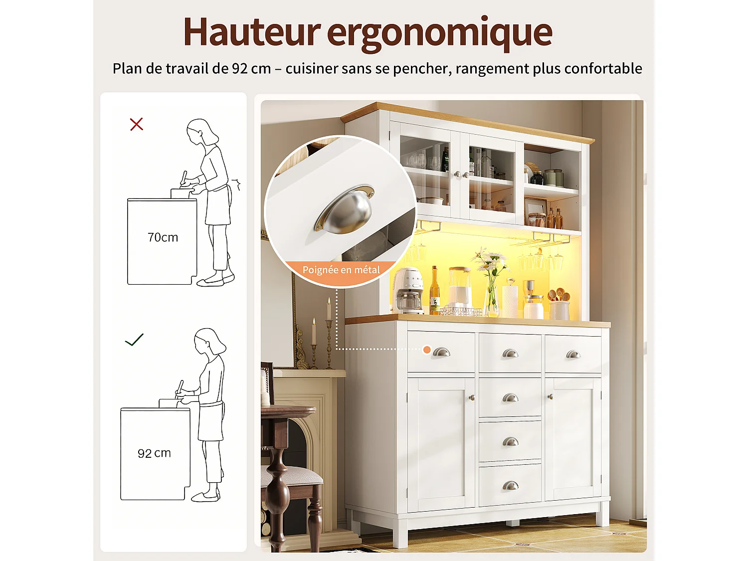 Buffet de cuisine 104 x 40 x 180 cm avec 4 portes, LED et 6 tiroirs - Blanc