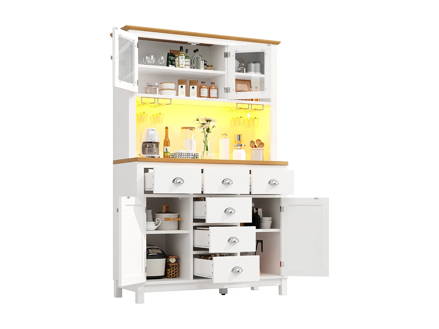 Buffet de cuisine 104 x 40 x 180 cm avec 4 portes, LED et 6 tiroirs - Blanc