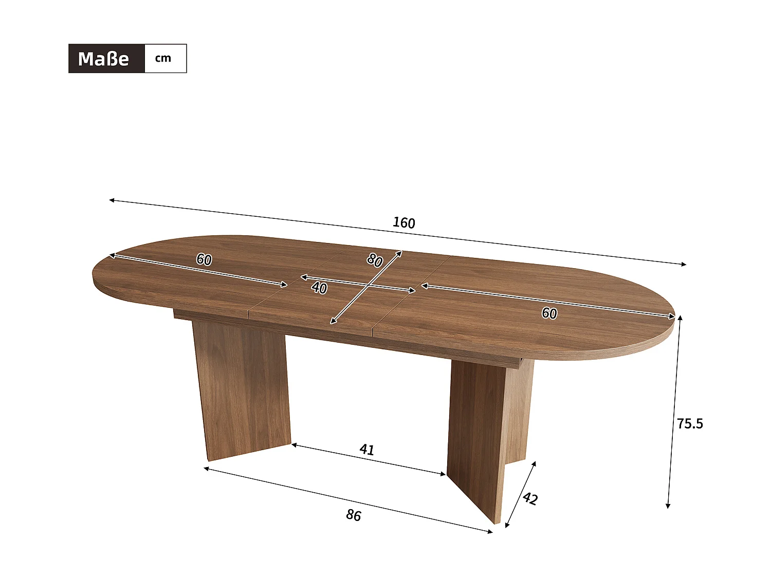 Table à manger extensible 120/160x80 cm en couleur noyer - Pour 4 à 6 personnes